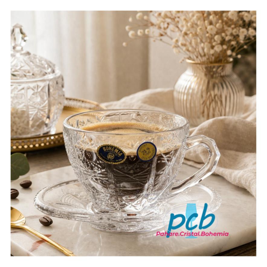 Set 6 cesti cristal cafea cu farfuriuta 200 ml