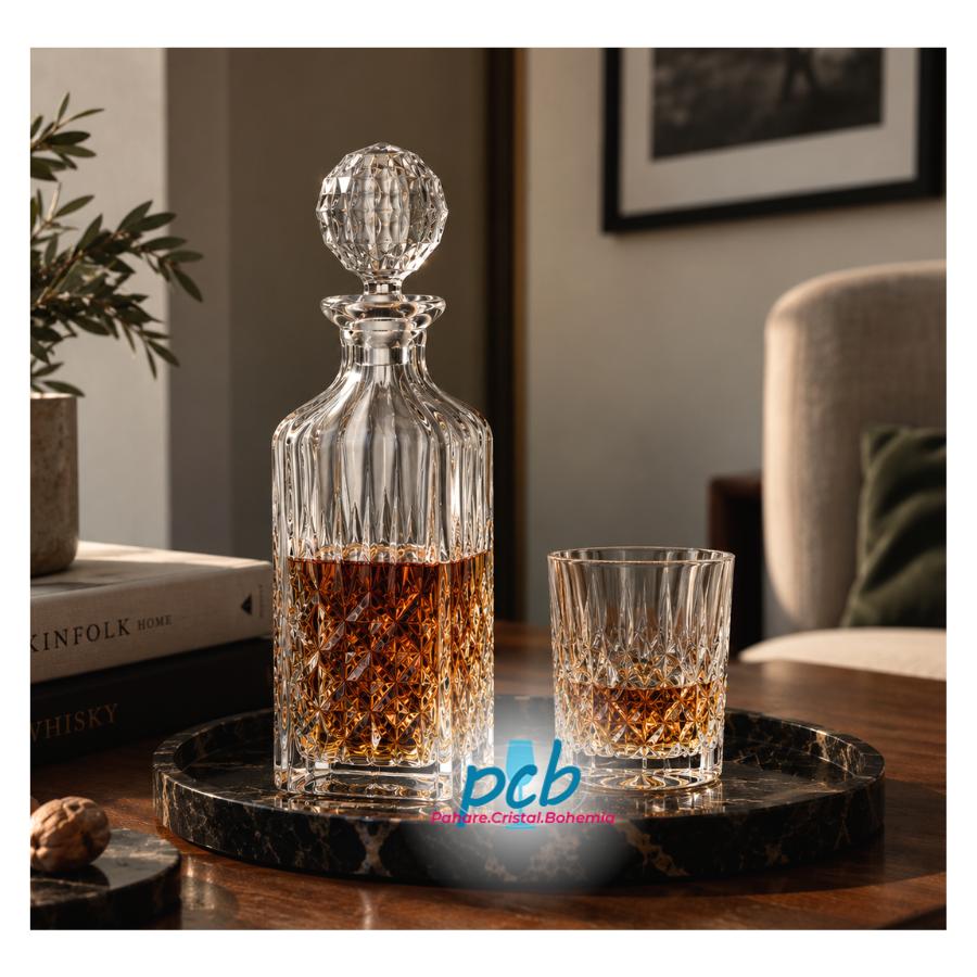 ANGELA – Set de whisky din cristal Bohemia, 7 piese (6 pahare + decantor)